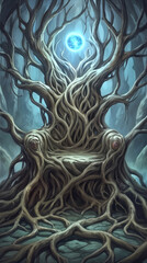 Fototapeta premium Mystical throne made of twisted tree roots in dark enchanted forest. Glowing blue orb floating above wooden chair in fantasy landscape.