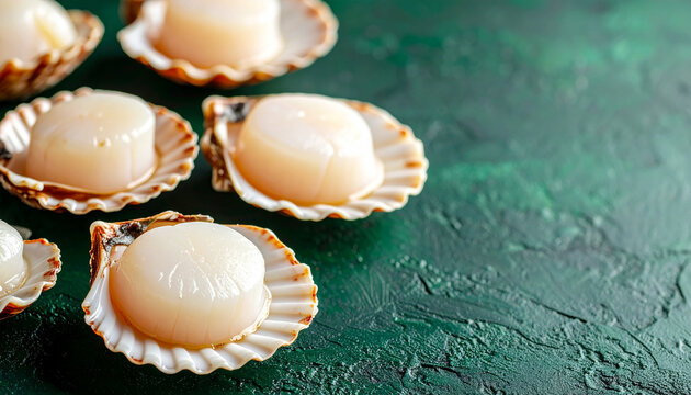 Raw scallops resting inside partially open natural shells, casually scattered over rich dark green textured surface, detailed shell patterns, fresh moist texture, natural seafood. Close-up.