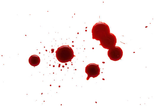 Deep red splatters and liquid droplets scattered across a dark surface
