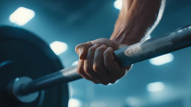 Close up of a strong hand gripping a heavy barbell in a modern gym, highlighting strength and determination. Focused atmosphere with blurred lights in the background