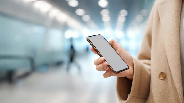 Close up of a person holding a modern smartphone with a blank screen in a bright indoor setting. The individual is wearing a beige coat, suggesting a professional or business environment
