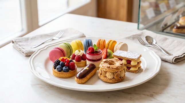 Elegant Assortment of French Pastries and Desserts on White Plate, Featuring Colorful Macarons, Berry Tarts, Eclair, and Paris-Brest in a Gourmet Cafe Setting