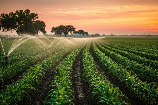 Spring corn rows bathed in warm sunset light with sprinkler irrigation