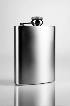 Stainless steel hip flask on a white background, close-up studio product shot
