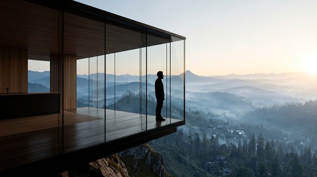 Man Contemplating Mountain Vista from Modern Glass Overlooking Valley