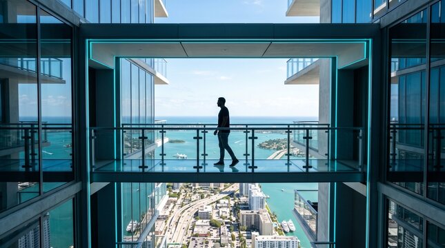 Man Jogging on Scenic Coastal Balcony with Ocean View