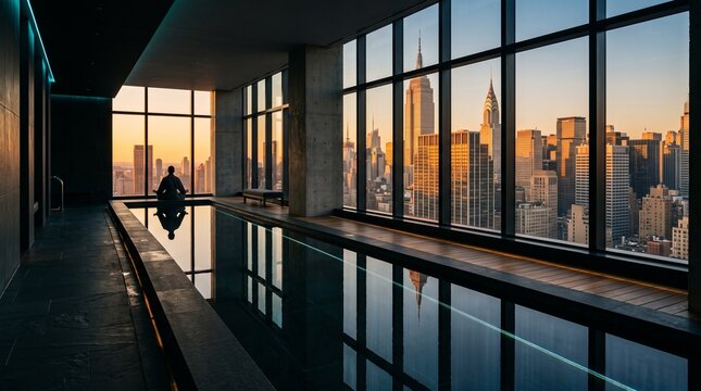 Businessman Contemplating Manhattan Skyline at Sunrise from High-Rise Office