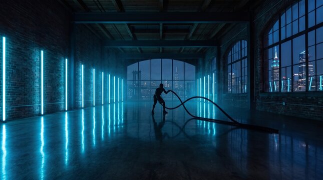Athlete Using Battle Ropes in Modern Urban Gym