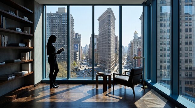 Woman Reading by Window in Modern High-Rise Office