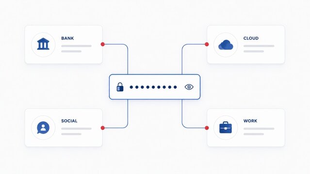 Illustration of a Secure Password Management System Connecting Various Aspects of Digital Life Including Bank, Cloud, Social Media, and Work Accounts