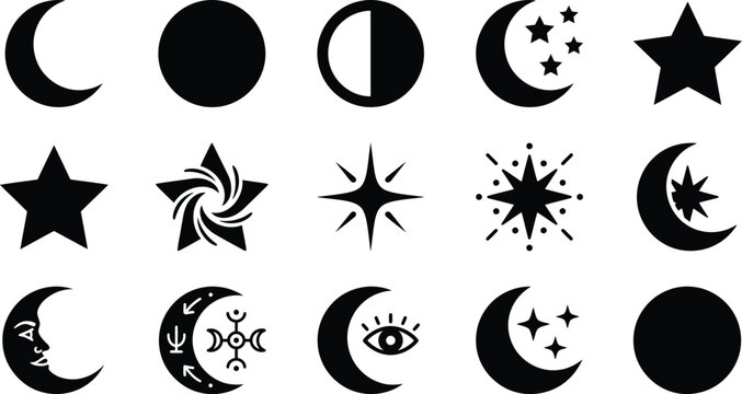 Celestial set featuring various moon phases, stars, sun symbols, and mystical eye motifs in black silhouette isolated on a white background, for astrology and, esoteric projects