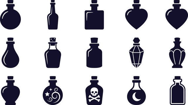 Collection of dark blue depicting various shapes of potion bottles, vials, and flasks with cork stoppers, heart shapes, and skull labels isolated on a white background, for fantasy