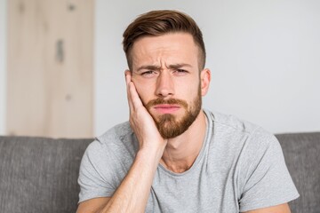 Naklejka premium Suffering from toothache: thoughtful male portrait in a cozy interior