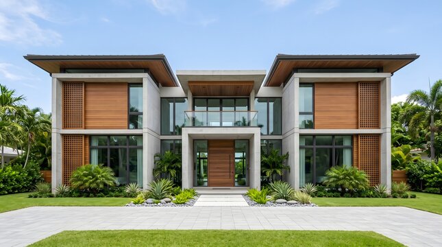 Modern tropical house displayed in symmetrical front elevation under bright daylight. Architecture design concept