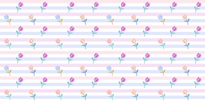 ​Seamless pastel tulip floral pattern with colorful stripes, cute spring backdrop for fabric or wallpaper vector.