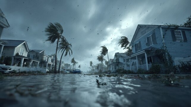 Submerged neighborhood under storm floodwaters in a hurricane, dramatic CG render