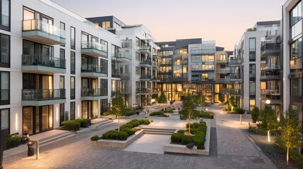 Obraz premium Sunlit rows of sleek condo blocks with balconies and tranquil communal spaces