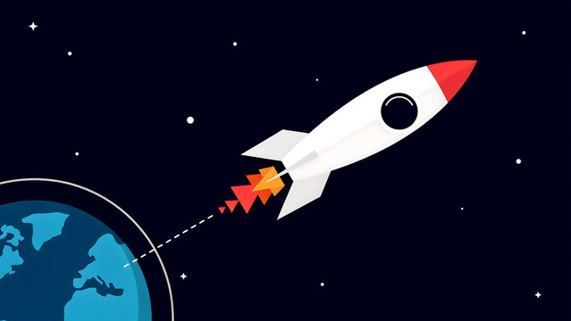 Minimalist rocket ship launching from Earth into deep space, flat vector illustration of a spacecraft taking off, cosmic journey and startup concept