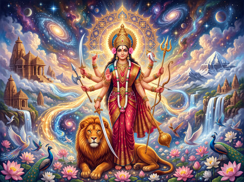 Hindu Goddess Durga Standing with Lion in Celestial Landscape of Temples, Waterfalls and Cosmic Light