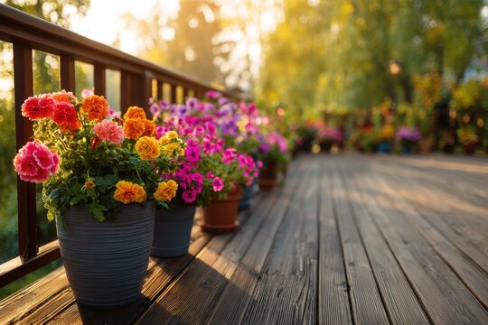 Sunlit wooden deck lined with vibrant flowering pots along the railing