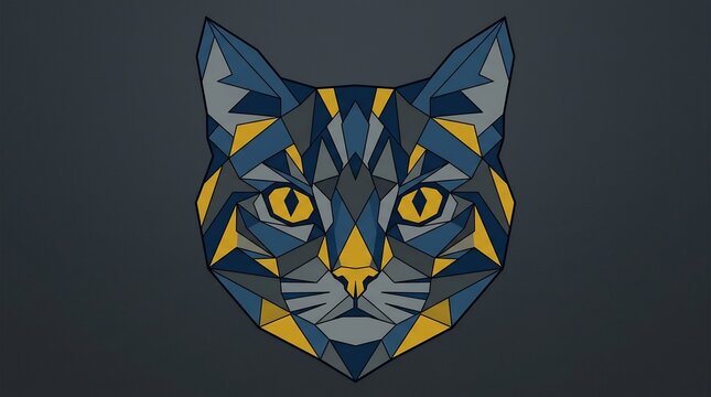 Geometric cat head in blue and gold, low-poly feline portrait, abstract digital art for International Cat Day, minimalist animal graphic.