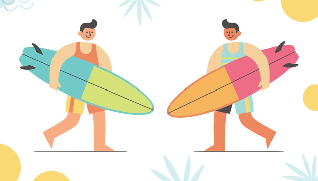 Two active cartoon surfers carrying colorful surfboards, walking under palm shadows and sun, flat vector illustration on white.