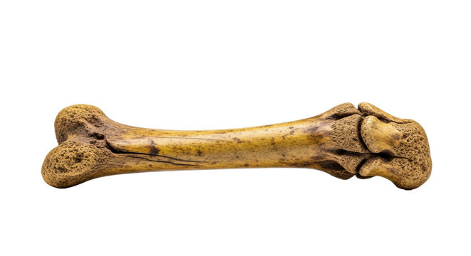 Weathered animal long bone with brown mineral stains and aged textures isolated on a sterile white background scientific archaeological specimen concept