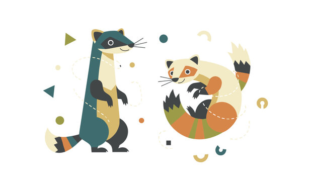 Two cute ferrets with stylized geometric shapes in soft natural colors standing on a white background.