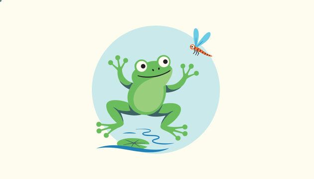 Cheerful green frog jumping near a water lily pad in a pond trying to catch a flying colorful dragonfly.