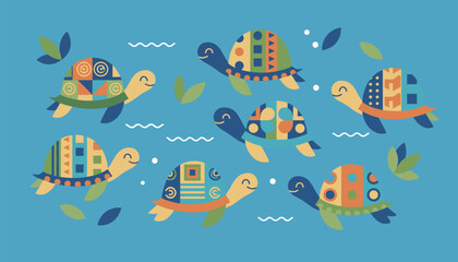 Naklejka premium Colorful sea turtles decorated with bright geometric ethnic patterns swimming together in the blue ocean.