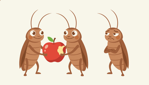 Funny cartoon cockroaches with two bugs sharing a red apple and one jealous bug looking envious and sad.