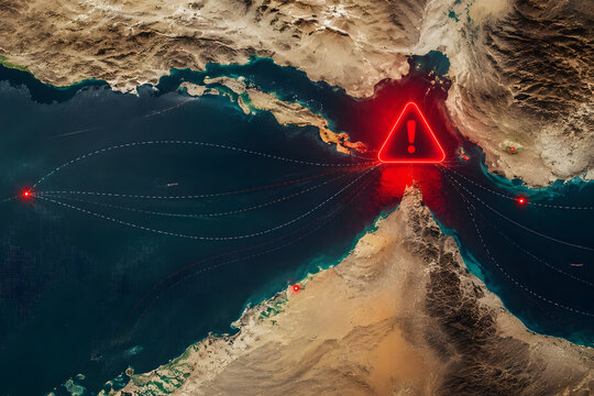 A global shipping crisis with red warning sign and glowing lines indicating disrupted routes and potential danger.