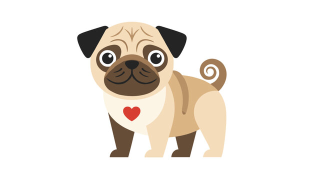 Sweet cartoon pug puppy standing happily on a clean white background with a bright red love heart on its chest.