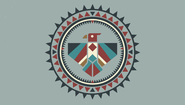 Native American tribal thunderbird symbol enclosed in a circular geometric pattern with feathers and triangles.