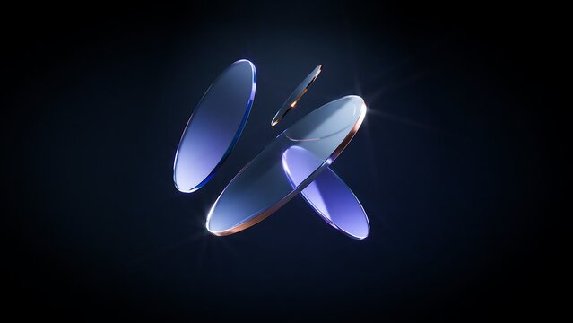 Abstract 3d render of floating glass lenses with metallic rims