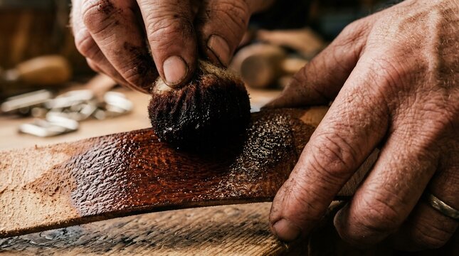 Leatherworker hands applying dark dye to leather strap with a wool dauber, artisanal craftsmanship, traditional manual trade, close-up workshop detail, leathercraft process.