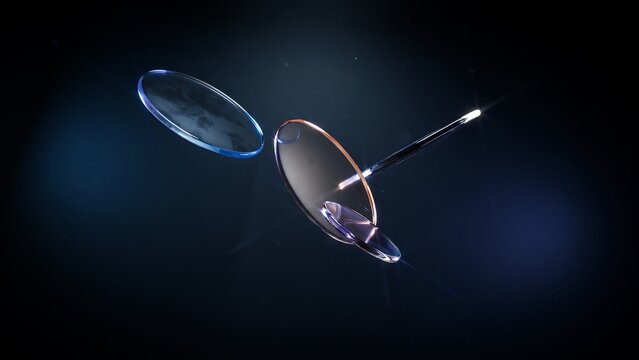 Floating optical lenses against a dark blue background