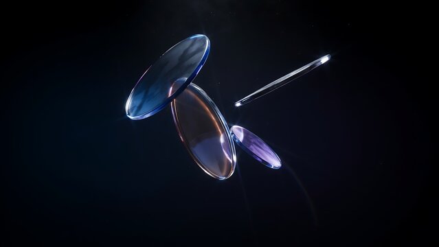 Floating optical lenses with blue and purple light reflections