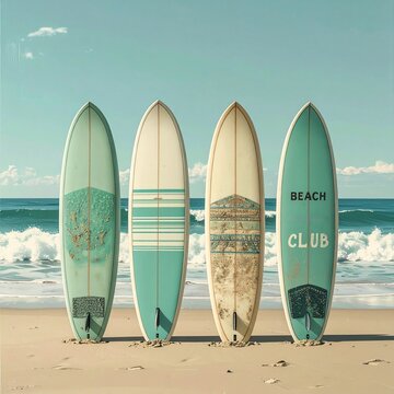 Colorful Surfboards Upright on Beach Sand with Ocean Waves