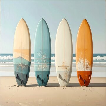 Colorful Surfboards Standing Upright on Beach