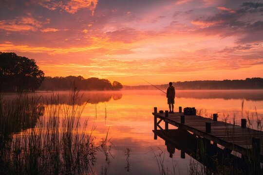 Sunset on a tranquil lake with an angler casting at the edge