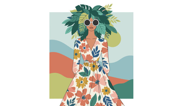 Fashion illustration of a stylish woman with hair made of green leaves wearing a colorful floral wrap dress.