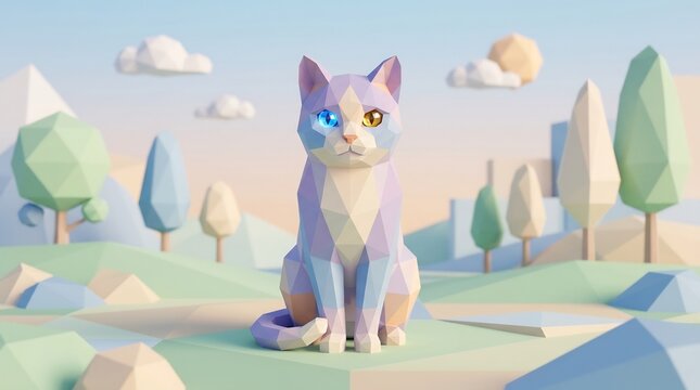 Low-poly cat with heterochromia eyes in pastel geometric landscape, 3D polygonal feline art, minimalist animal concept, creative CGI illustration for International Cat Day.