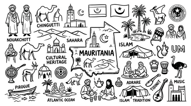 Mauritania Travel Doodle Illustration. Hand Drawn Cultural Heritage Sketch with Desert Icons