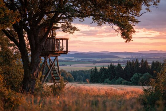 Sunset over a wooden deer stand by a field and forest in the Czech countryside