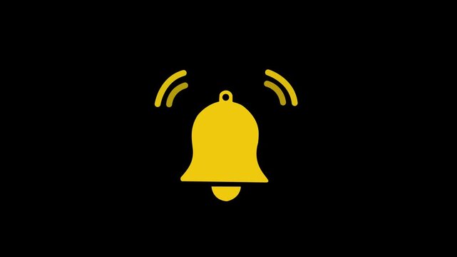 Animated ringing bell icon on transparent background with alpha channel. Yellow notification alert symbol, alarm and reminder sign.on alpha transparent background.