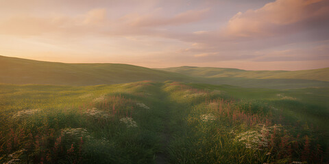 Obraz premium Vibrant green rolling hills stretch under a pastel sunset sky with light clouds.