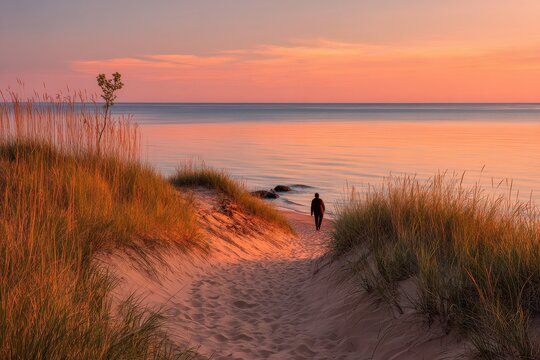 Sunset walk along a sandy Great Lakes beach with rolling dunes in Michigan