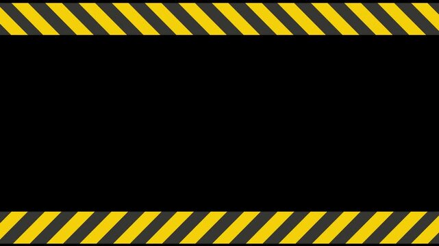 Looped Warning frame animation with yellow and black diagonal stripes. Safety border alert animation with alpha channel for caution, attention, hazard,animation on black background.