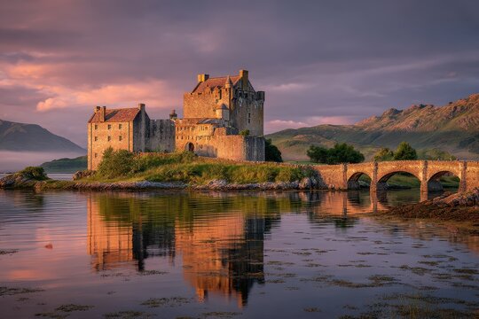 Sunset view of an island fortress between three lochs in the Scottish Highlands